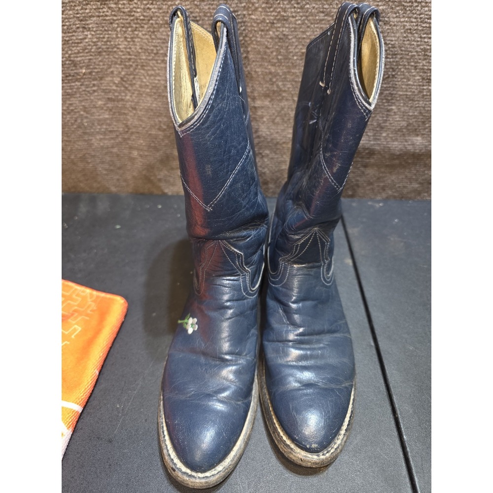 VTG WOMENS NOCONA WESTERN ROPER GUNMETAL BLUE BOOTS SIZE 5 B flower detail EUC